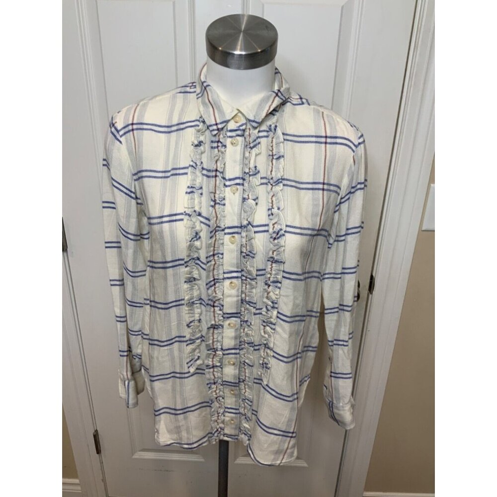 Pilcro Anthropologie White Blue Check Ruffle Button-Up Shirt, Size XXS